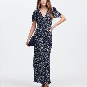 Madewell Navy Floral Seamed Flutter Sleeve Maxi Dress